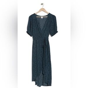 Melrose & Market-SHORT SLEEVE MIDI WRAP DRESS-Women's XXS-BLACK-TEAL-NEW!!